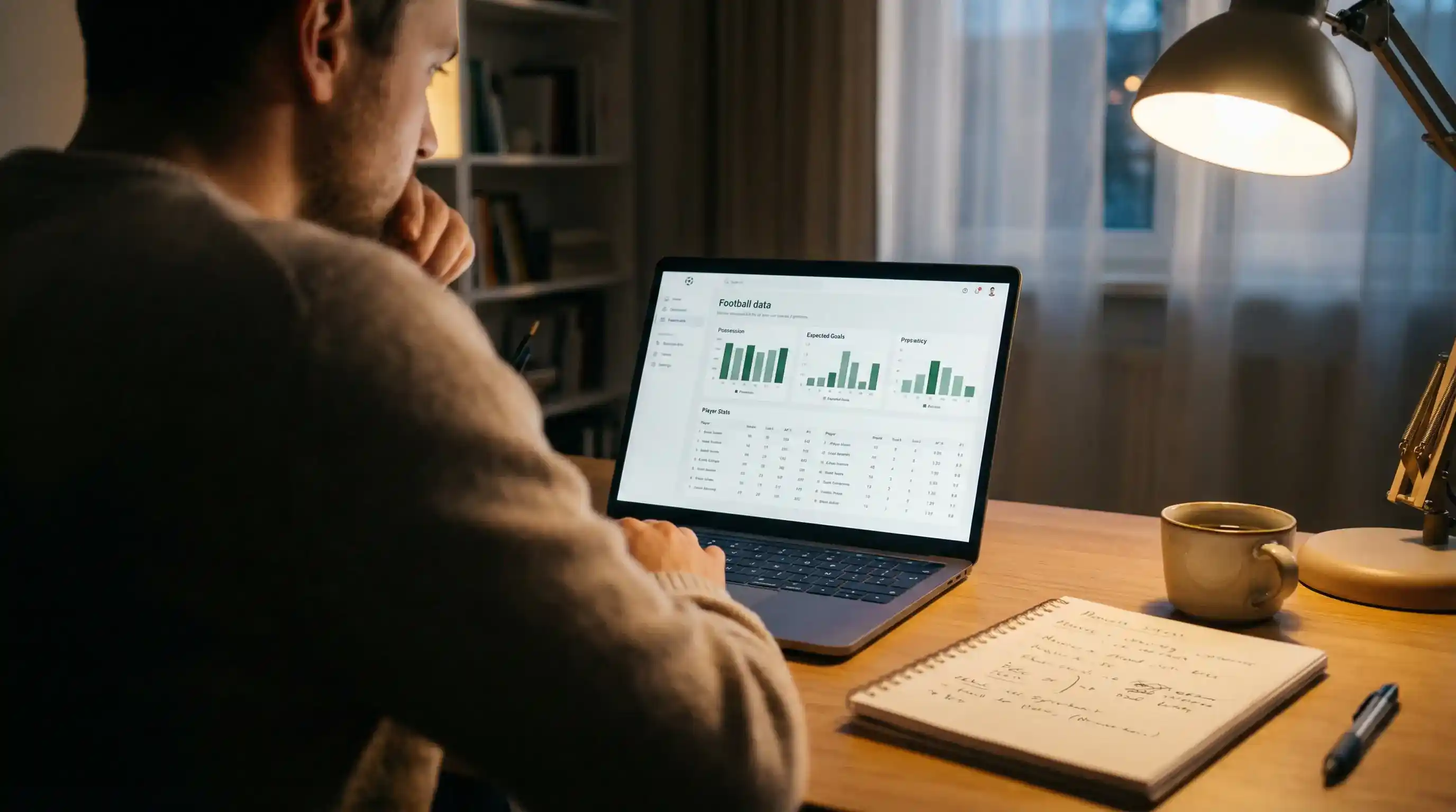 Analist studiind date xG și statistici de fotbal pe ecran laptop pentru pariuri Premier League