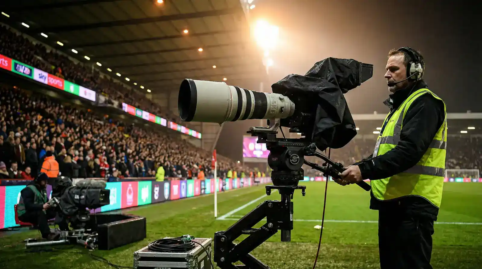 Cameră TV de transmisie pe un stadion de fotbal din Premier League