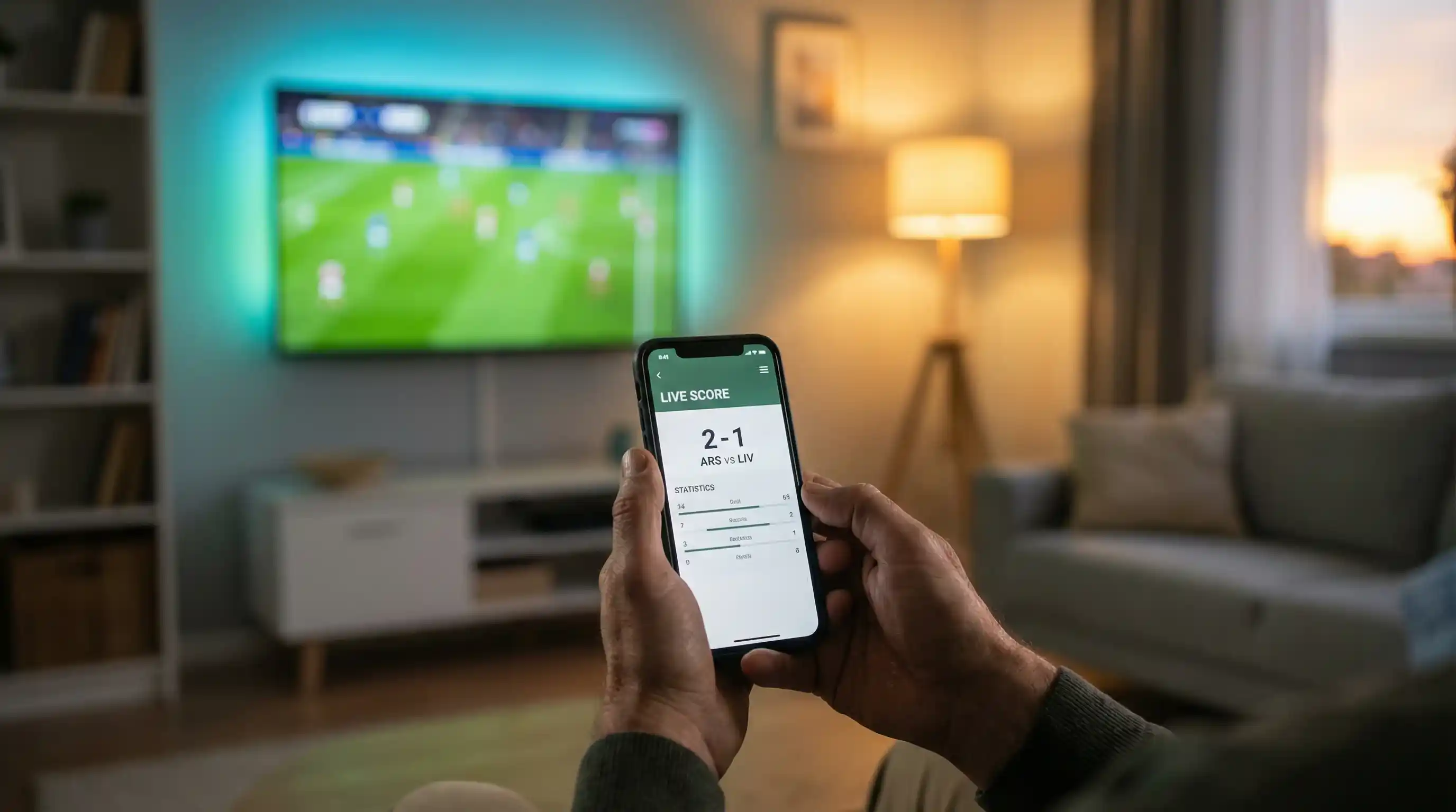Persoană cu telefonul mobil urmărind un meci de fotbal Premier League pentru pariuri sportive
