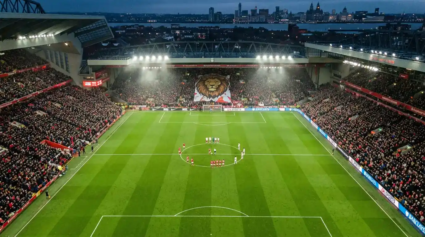 Stadion de fotbal din Premier League cu gazon verde și tribune pline de suporteri